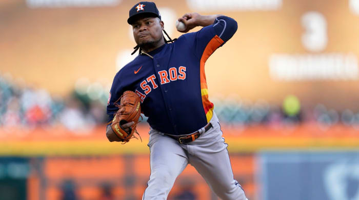 Houston Astros pitcher Framber Valdez throws against the Detroit Tigers in the first inning of a baseball game in Detroit, Monday, Sept. 12, 2022.
